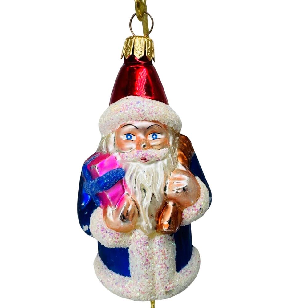 Vintage 1994 Christopher Radko Glass Blue Santa Ornament 4" 930651 Hat Sack Gift
